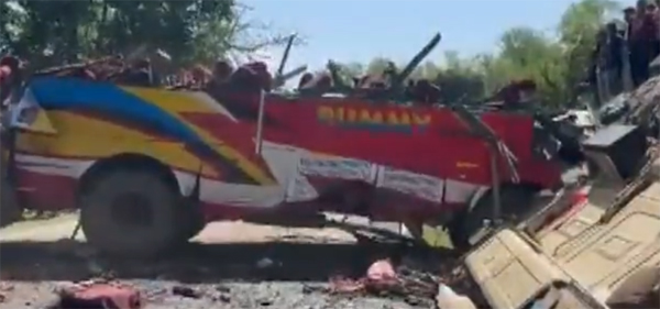 A passenger bus after falling into a gorge in Udhampur.